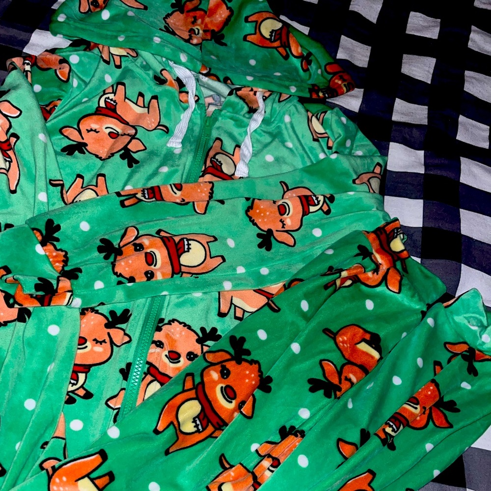 Full coverage Christmas reindeer zip up onsie, Size LG